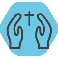 Hands with cross between them icon on blue background